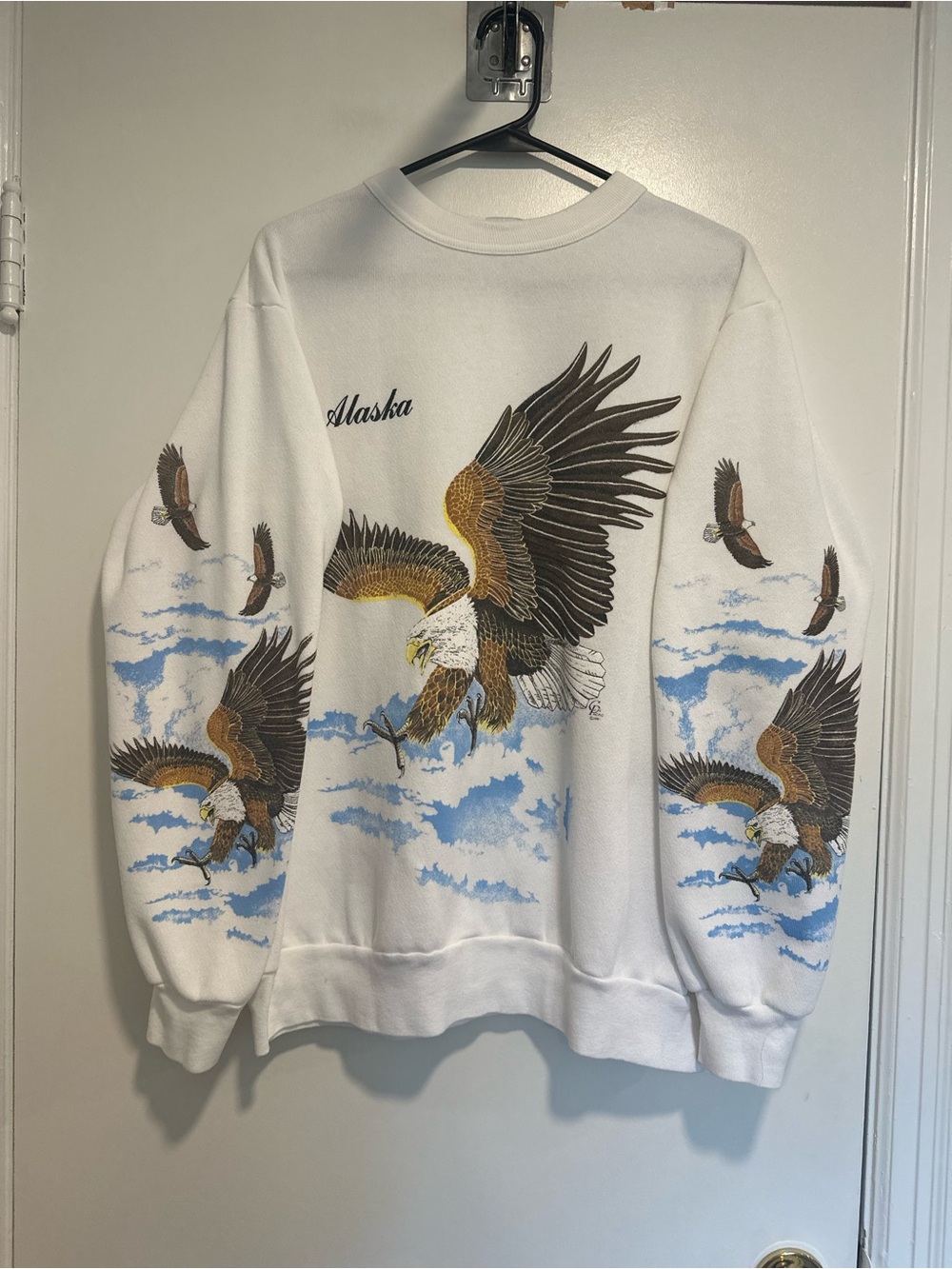 VTG ‘91 EUC Cal Pacific SzXL Alaska Eagle AOP Arm Print Crew Neck USA Sweatshirt